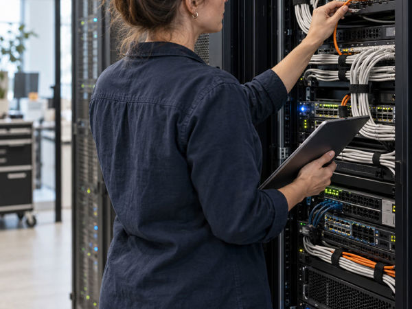 Calm Engineer Checks Server Cables