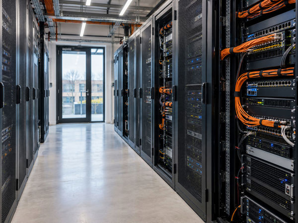 Quiet Server Aisle With Orange Cables