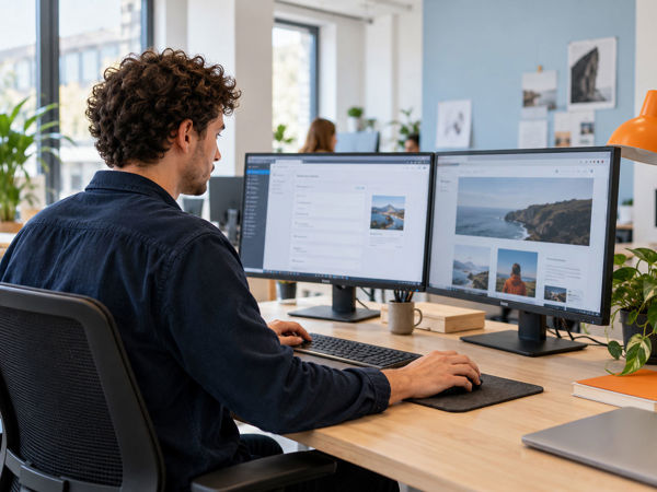 Focused Webmaster At Dual Monitors